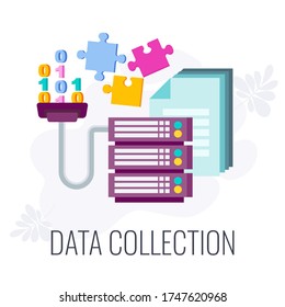 Data Collection Icon. Market research. Information about the market, company and customers is accumulated is accumulated on database servers. Flat vector illustration.