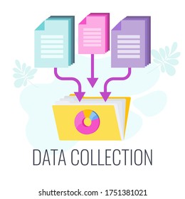 Data Collection Icon. Market Research. Information About The Market, Company And Customers Is Accumulated In Data Folders. Flat Vector Illustration.