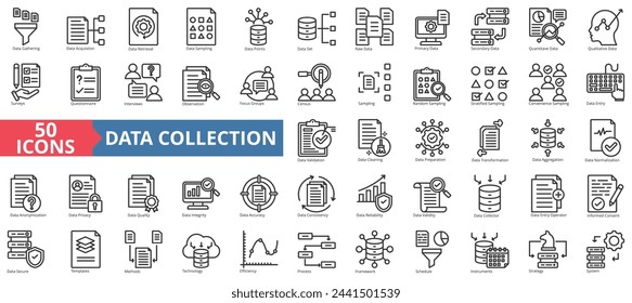 Conjunto de recopilación de iconos de recopilación de datos. Contiene recopilación, adquisición, recuperación, muestreo, puntos, conjunto, icono principal. Vector de línea simple.