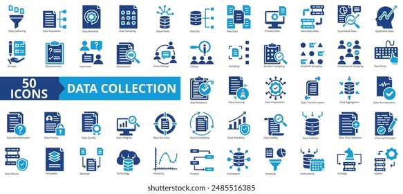 Data collection icon collection set. Containing gathering, acquisition, retrieval, sampling, points, set, primary icon. Simple flat vector illustration.