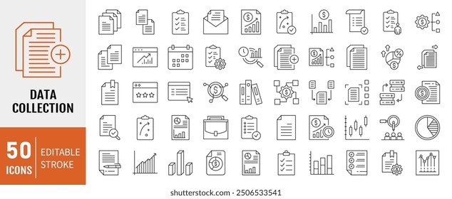 Data collection icon collection set. Containing gathering, acquisition, retrieval, sampling and more. Simple line vector.