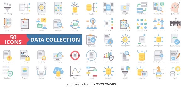 Data collection icon collection set. Containing gathering, acquisition, retrieval, sampling, points, set, primary icon. Simple flat color illustration.