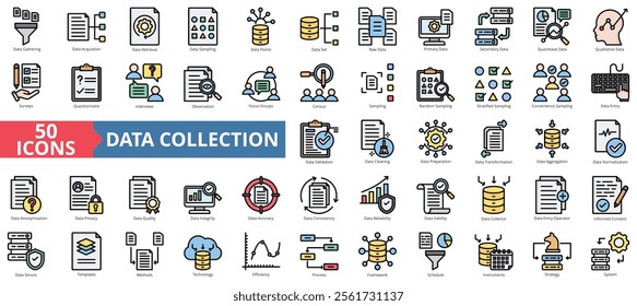 Data collection icon collection set. Containing gathering, acquisition, retrieval, sampling, points, set, primary icon. Simple flat outline vector illustration