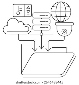 Data Collection icon. Vector pictogram with thin black lines on transparent background. Line thickness is editable. Shows cloud, globe, server, camera, control panel, and folder - Powered by Shutterstock - Get 15% off with code: PIKWIZARD15