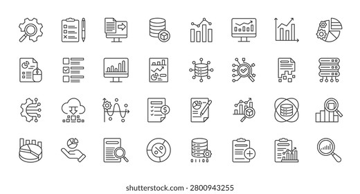 Data Collection icons in line design. data collection, survey, form, database, research, information, analytics on white background vector. Data Collection editable stroke icons.