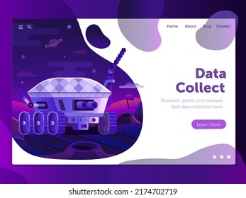 Data collection and research web banner with moon rover on asteroid. Space themed landing page depicting robotic space autonomic vehicle for lunar or planet surface exploring.