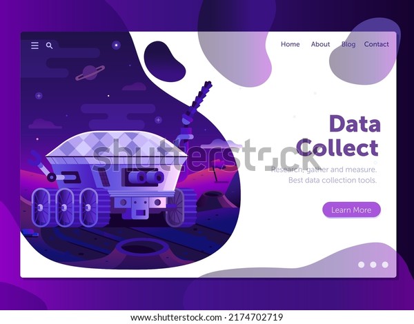 Data collection\
and research web banner with moon rover on asteroid. Space themed\
landing page depicting robotic space autonomic vehicle for lunar or\
planet surface exploring.