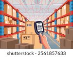 Data collection terminal in a warehouse. A man scans a barcode on a box. Interior of storage room in store, factory, market, hardware store. Vector cartoon illustration.
