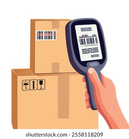 Data collection terminal in a warehouse. A man scans a barcode on a box.