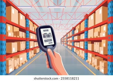 Data collection terminal in a warehouse. A man scans a barcode on a box. Interior of storage room in store, factory, market, hardware store. Vector cartoon illustration.