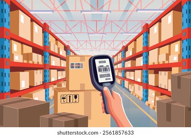 Data collection terminal in a warehouse. A man scans a barcode on a box. Interior of storage room in store, factory, market, hardware store. Vector cartoon illustration.