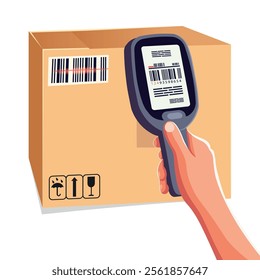 Data collection terminal in a warehouse. A man scans a barcode on a box.