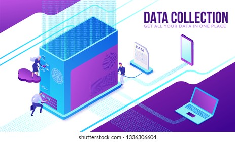 Data collection website template, isometric 3d illustration with computer, system block, people collection cloud data, modern infographics, teamwork concept, ui, ux design