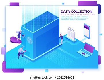 Data collection website template, isometric 3d illustration with computer, system block, people collection cloud data, modern infographics, teamwork  concept, ui, ux design