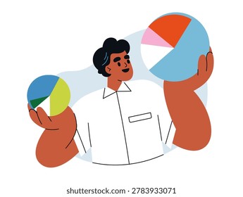 Data comparison, statistics and business analytics concept. Man comparing information with pie charts, diagram analysis. Showing schemes, report. Flat vector illustration isolated on white background