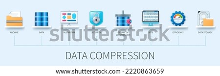 Data compression banner with icons. Archive, data, security, algorithm, bits, degree of compression, efficiency, data storage. Business concept. Web vector infographics in 3d style