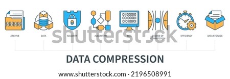 Data compression concept with icons. Archive, data, security, algorithm, bits, degree of compression, efficiency, data storage. Business banner. Web vector infographic in minimal flat line style