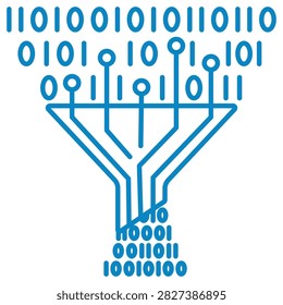 Data compression and digital information stream vector line icon. Funnel with circuit board lines compressing binary code into smaller data size