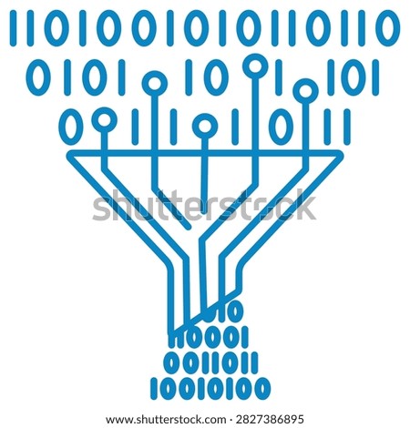 Data compression and digital information stream vector line icon. Funnel with circuit board lines compressing binary code into smaller data size