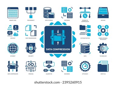 Symbol für Datenkomprimierung eingestellt. Archivierung, Datenspeicherung, Sicherheit, Algorithmus, Binärkode, Technologie, Redundanz, Kodierung. Duotone-Farbsymbole