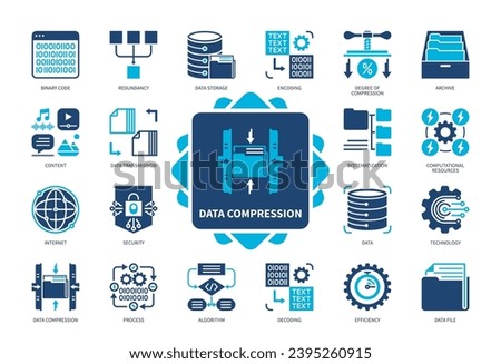 Data Compression icon set. Archive, Data Storage, Security, Algorithm, Binary Code, Technology, Redundancy, Encoding. Duotone color solid icons