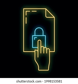 Data computer folder protect, cloud global internet icon neon glow style, remote server security outline flat vector illustration, isolated on white. Concept shield data retrieval, point hand.