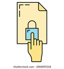 Data computer folder protect, cloud global internet technology icon, remote info server security outline flat vector illustration, isolated on white. Concept shield data retrieval, point hand.