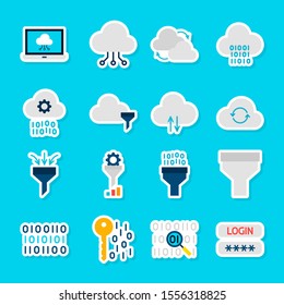 Data Computing Stickers. Vector Illustration Flat Style. Collection of Technology Symbols.
