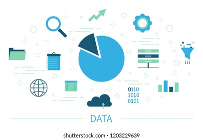 Data concept. Access to computer information from internet. Protection of personal document. Set of colorful icons. Isolated flat vector illustration