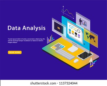 Data concept. Isometric vector illustration. Data analysis, watching video files. 