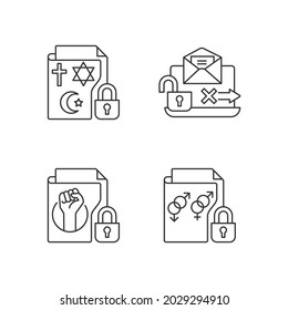 Data confidentiality linear icons set. Religious beliefs info. Unencrypted email. Sexual orientation. Customizable thin line contour symbols. Isolated vector outline illustrations. Editable stroke
