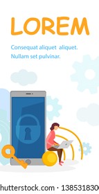 Data Confidentiality Software Flat Brochure Layout. Information Safety, Data, Encryption Web Banner Concept. Woman Using Laptop Cartoon Character. Mobile Firewall App Flat Illustration with Text Space