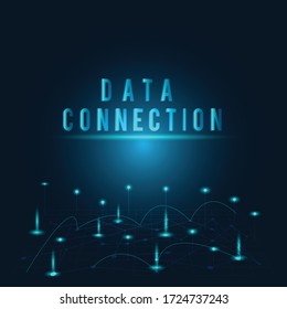 Data Connection Technology on perspective graph with line and dot leviatating. Glith effect on text on black blue space and ray of light beam from bottom. World connected on network in globalize theme