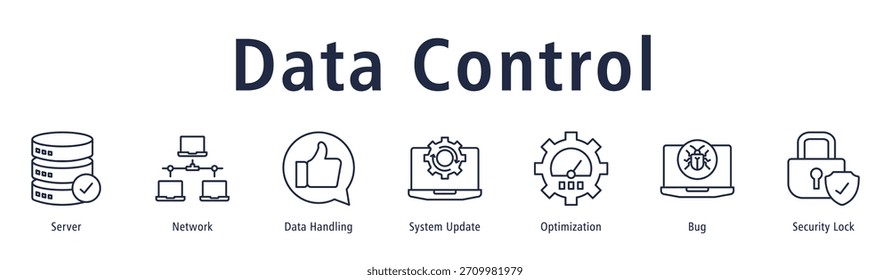 Data Control-Banner mit Symbolen für Server, Netzwerk, Datenverarbeitung, Systemaktualisierung, Optimierung, Bug und Security Lock.