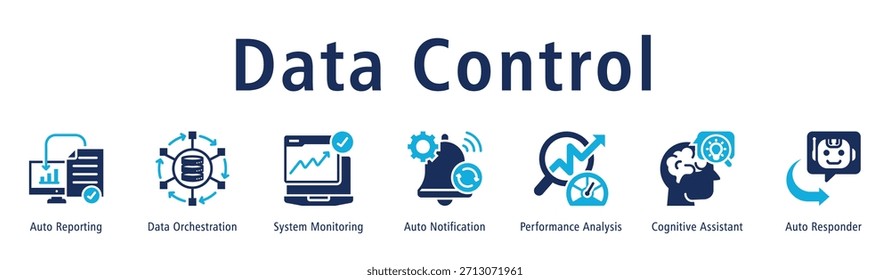 Anuncio de control de datos que presenta informes automáticos, orquestación de datos, monitoreo del sistema, notificación automática, análisis de rendimiento, asistente cognitivo y respuesta automática.