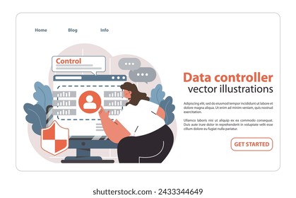 Data controller concept. Professional overseeing user information on a digital interface, ensuring compliance and security with protective shield. Digital data management. Flat vector illustration