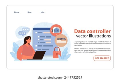 Concepto de controlador de datos. Una mujer con un portátil supervisa el acceso al servidor, haciendo hincapié en la estricta gestión de datos. Las burbujas de chat interactivas y el candado sugieren comunicaciones seguras. Ilustración vectorial plana