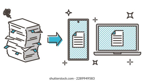 Data conversion of a pile of office documents with a smartphone and PC [Vector illustration material].