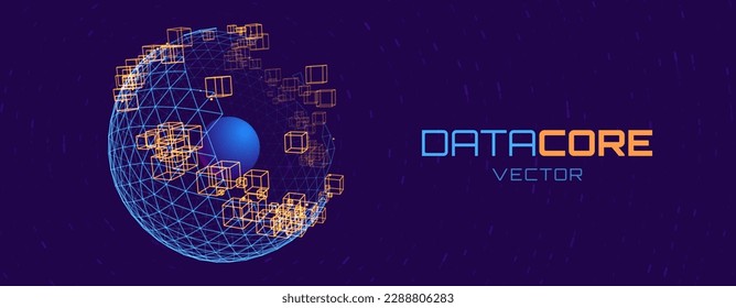 Data Core Quantum Processing. Deep Learning Big Data Artificial Intelligence Server Concept. Future New Blockchain Technology for Business or Science Presentation. Vector Background.