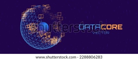 Data Core Quantum Processing. Deep Learning Big Data Artificial Intelligence Server Concept. Future New Blockchain Technology for Business or Science Presentation. Vector Background.