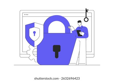 Conceito de sistema de segurança cibernética de dados com caráter humano. Segurança de e-mail pessoal, privacidade na Internet ou informações. sistema de Internet seguro. Ilustração plana de vetor de desenhos animados, ícone. Design abstrato e elegante