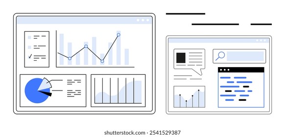 Data Dashboard mit verschiedenen Diagrammen, einschließlich Balkendiagramm, Liniendiagramm und Kreisdiagramm. Ideal für Business Analytics, Datenvisualisierung, Performance-Verfolgung und Reporting. Moderner Minimalstil