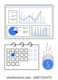 El tablero de datos con gráficos y tablas, el calendario con marca de verificación y las monedas que caen significan gestión financiera, monitoreo y planificación. Ideal para análisis de negocio, seguimiento financiero, programación