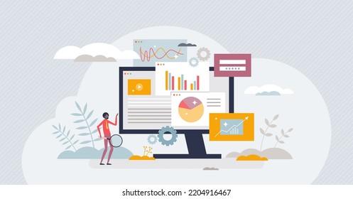 Tablero de datos con gráficos de información y concepto de persona minúscula de análisis. El control analítico y la supervisión funcionan con diversos diagramas circulares, esquemas e ilustraciones vectoriales de infografías. Interfaz de monitor