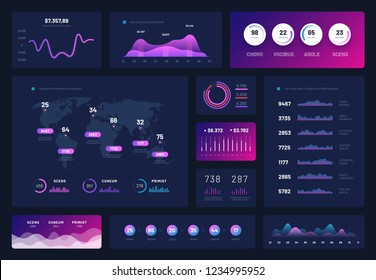 Data dashboard. Modern infographic ui interface, admin panel with graphs, chart and diagrams. Analytical vector report