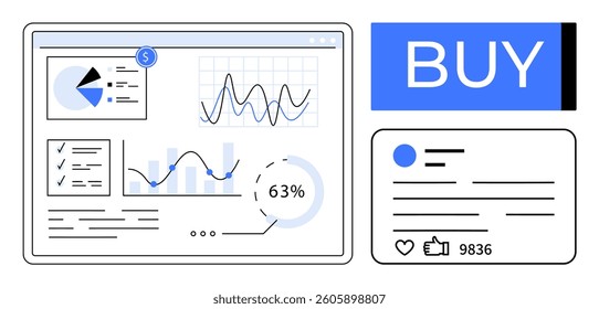 Data dashboard with pie chart, checklists, line graphs, percentage indicator, social media profile, and BUY button. Ideal for business analytics, performance tracking, digital marketing, e-commerce