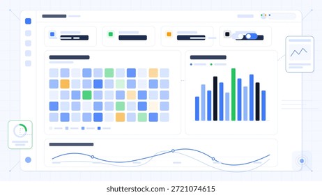 Um painel de dados mostra gráficos, grades e elementos visuais. O objetivo é ajudar os usuários a analisar e entender melhor os dados por meio de uma representação clara.