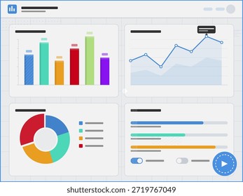 Un tablero de datos muestra varios gráficos y gráficos. Una sección tiene gráficos de barras de colores, otra muestra un gráfico de líneas que rastrea los cambios y un gráfico circular muestra la distribución de datos.