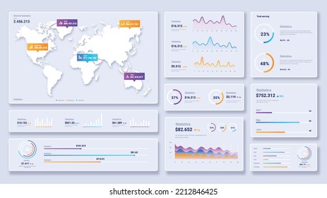 Data dashboard white. Infographics and statistics. Working with information and evaluating data. Graphs and diagrams. Poster or banner for website, analytics. Cartoon flat vector illustration