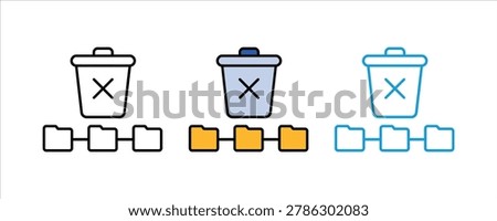 Data deletion icon set with a trash bin and folder network symbol. file removal, system cleanup, data organization maintenance symbol. vector illustration